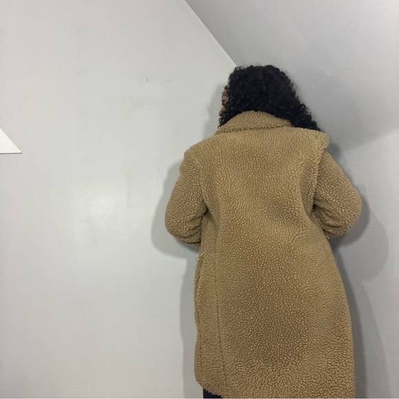 Vintage tan teddy car coat cozy sherpa style trench plush fluffy neutral jacket - Picture 9 of 15